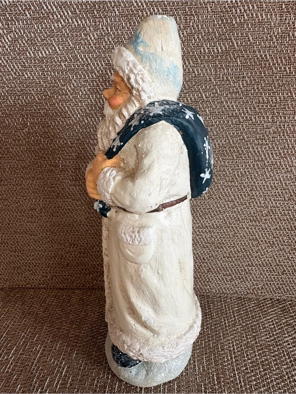 RAZ Imports White Father Christmas Santa Claus Figurine Blue Sack  Folk Art 7.5”